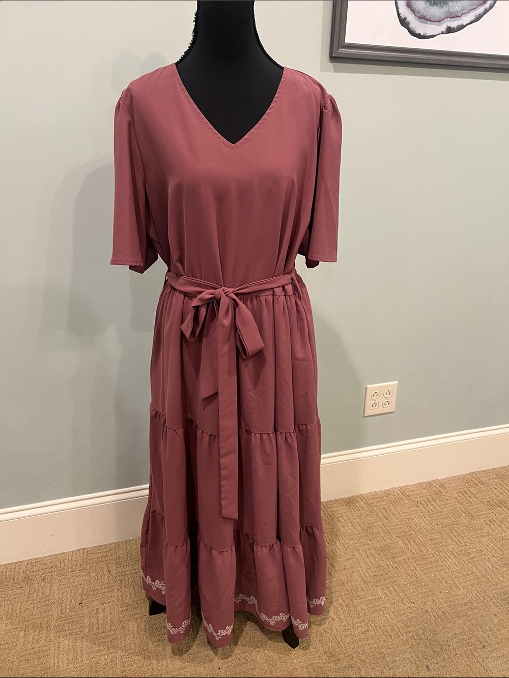 orange creek Mauve V-Neck Tiered Maxi Dress with Self Tie